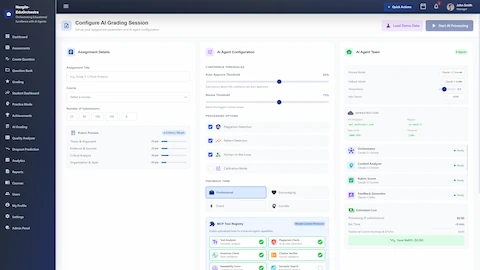 Configure AI Grading Session - Assignment setup with AI agent configuration, confidence thresholds, processing options, feedback tone selection, and MCP tool registry